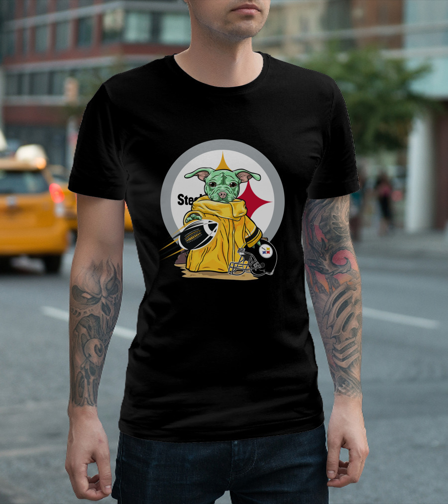 Pitbull Steelers Baby Holding Football with Steelers Logo and Helmet T-Shirt