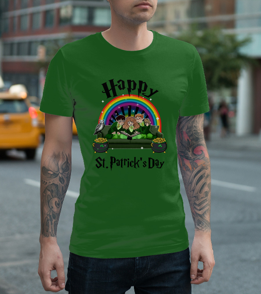 Happy St. Patrick's Day With Rainbow And Green Characters On Couch T-Shirt