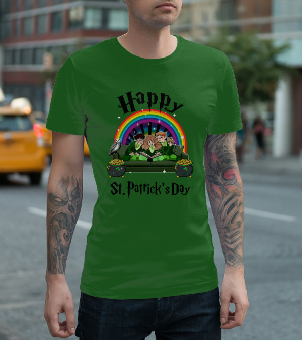 Happy St. Patrick's Day With Rainbow And Green Characters On Couch T-Shirt