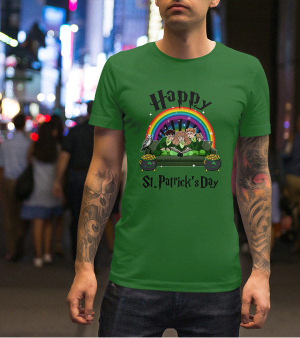Happy St. Patrick's Day With Rainbow And Green Characters On Couch T-Shirt