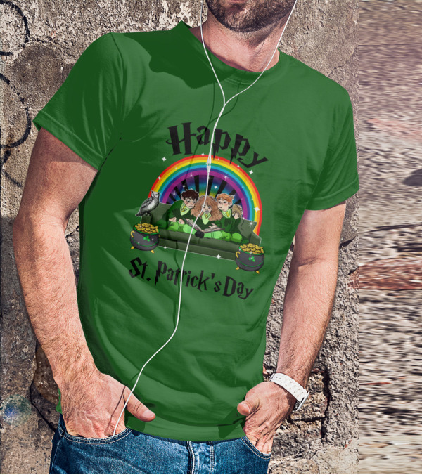 Happy St. Patrick's Day With Rainbow And Green Characters On Couch T-Shirt