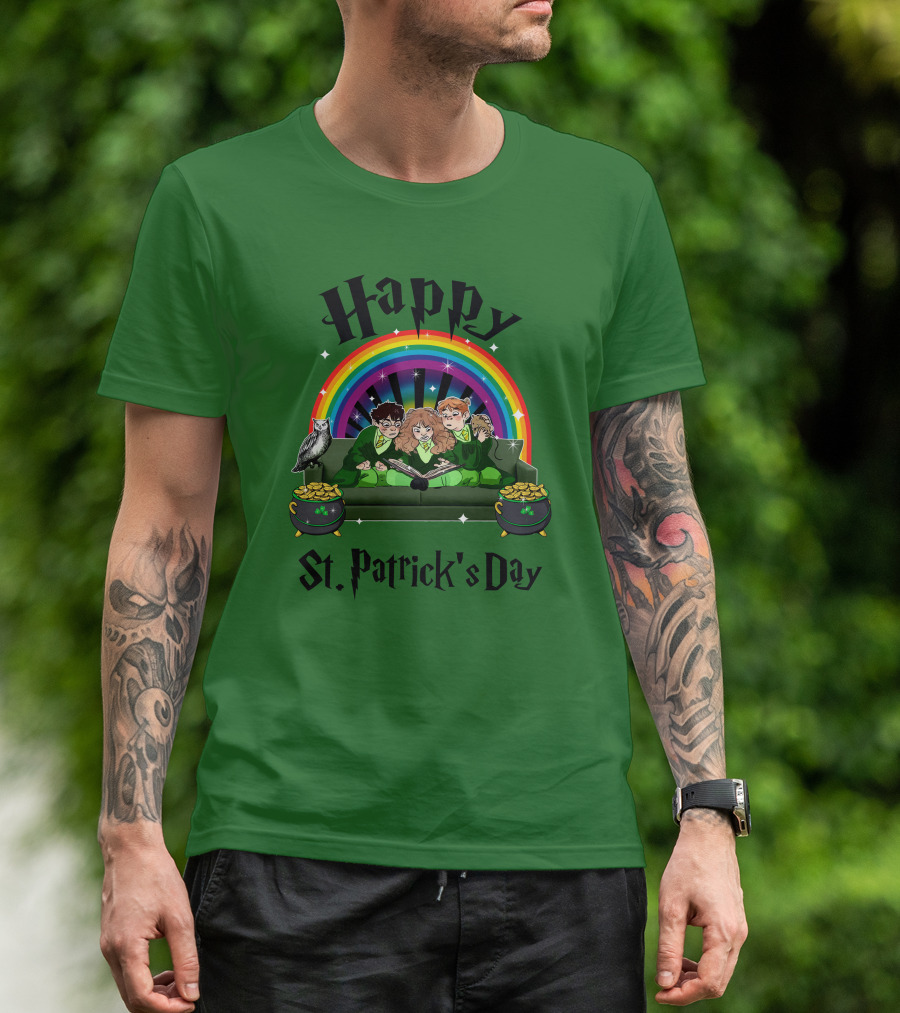 Happy St. Patrick's Day With Rainbow And Green Characters On Couch T-Shirt