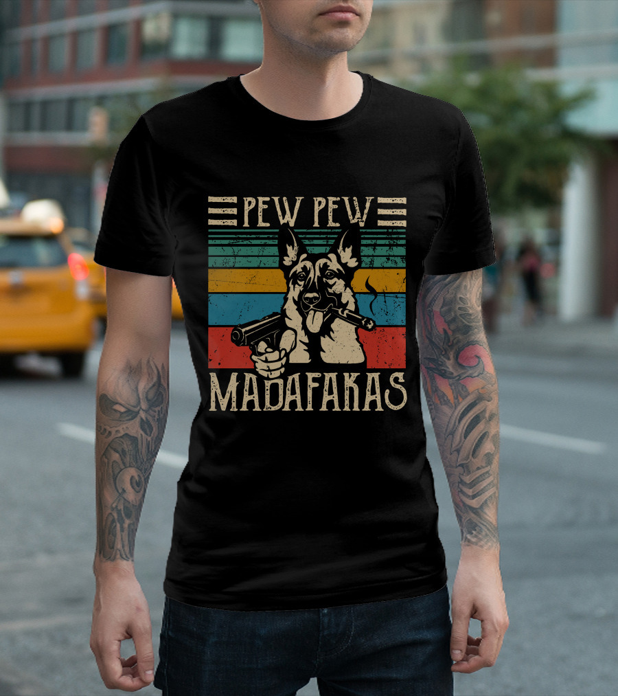 PEW PEW MADAFKAS GSD Dog with Gun and Cigar T-Shirt