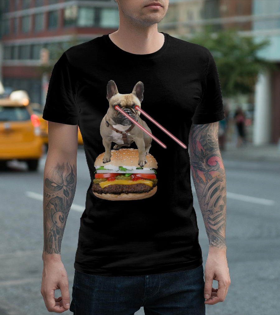 Bulldog with Laser Eyes Standing on Hamburger T-Shirt