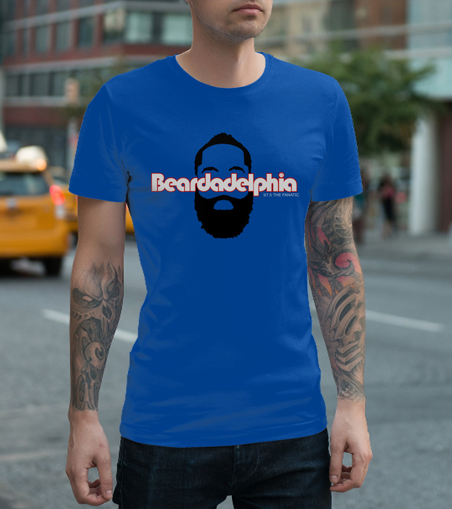 Beardadelphia 97.5 The Fanatic Silhouette Bold Text Blue Background T-Shirt