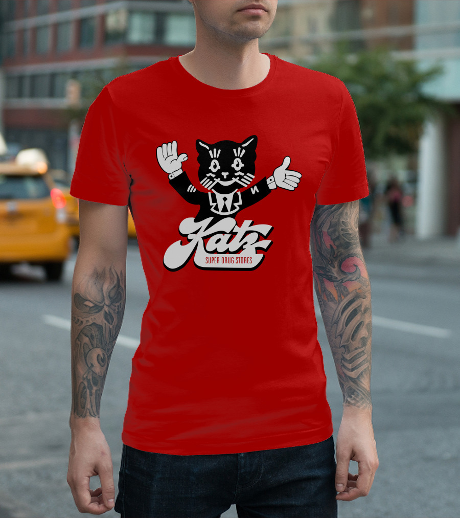 Katz Super Drug Stores Cat Mascot Smiling and Waving in Suit and Tie T-Shirt