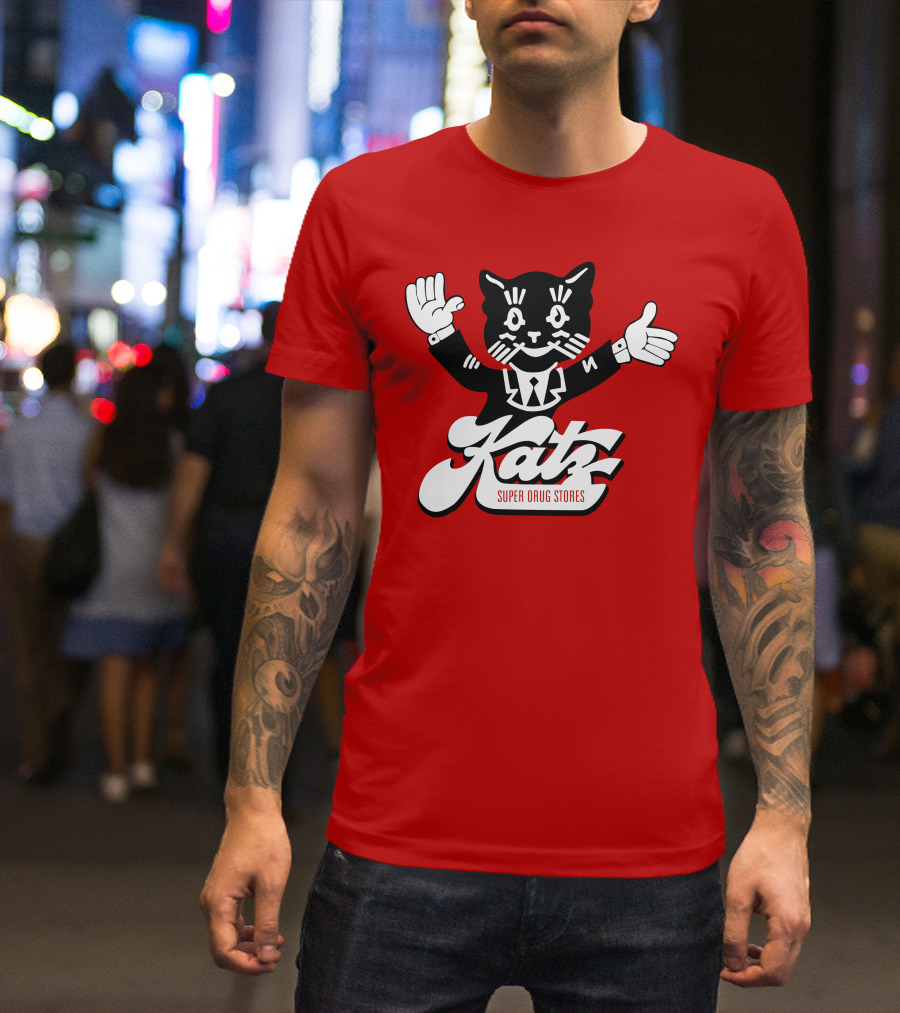 Katz Super Drug Stores Cat Mascot Smiling And Waving In Suit And Tie T-Shirt