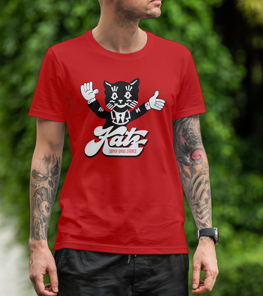 Katz Super Drug Stores Cat Mascot Smiling And Waving In Suit And Tie T-Shirt