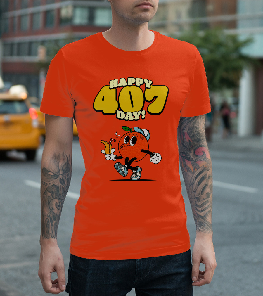 Happy 407 Day Orlando Orange Character With Drink And Sneakers T-Shirt