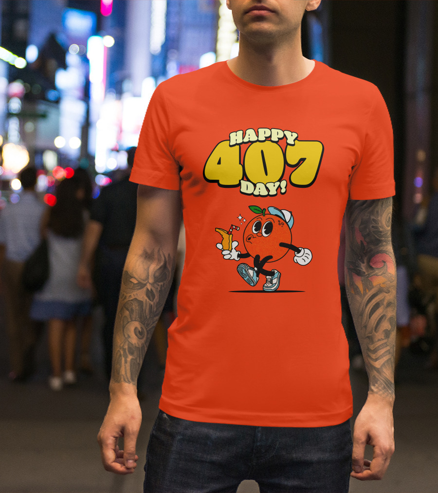 Happy 407 Day Orlando Orange Character With Drink And Sneakers T-Shirt