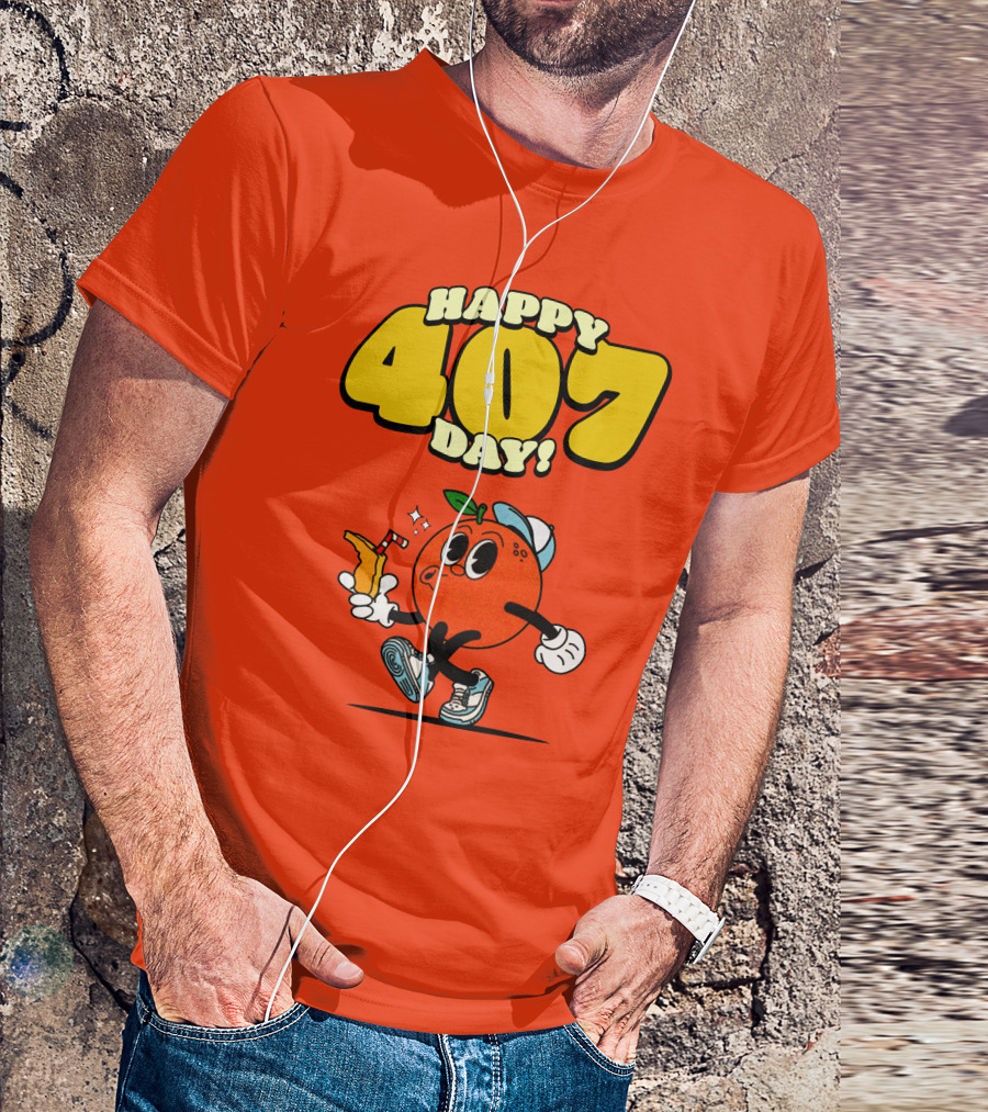 Happy 407 Day Orlando Orange Character With Drink And Sneakers T-Shirt