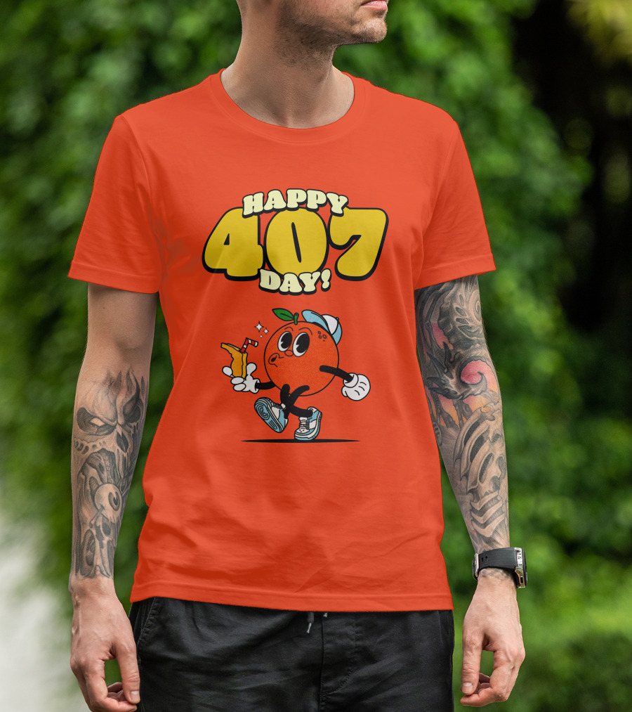 Happy 407 Day Orlando Orange Character With Drink And Sneakers T-Shirt