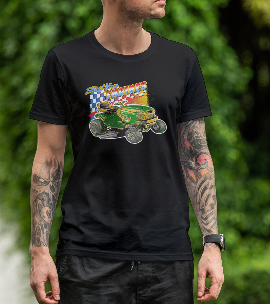 Start Your Engines Lawn Mower Racing With Checkered Flag T-Shirt
