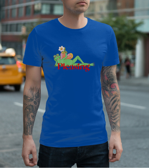 Pleasing Frog With Flower On Sky Blue Crewneck T-Shirt