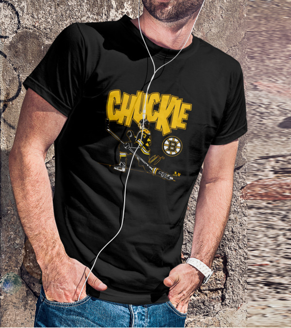 Boston Bruins Charlie McAvoy Chuckie Kneeling Pose With Hockey Stick T-Shirt
