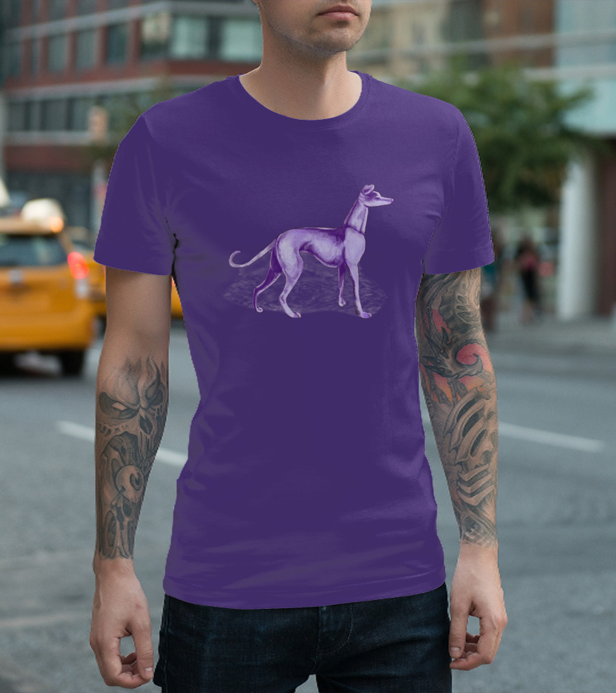 The One Purple Dog Silhouette Standing On A Purple Background T-Shirt