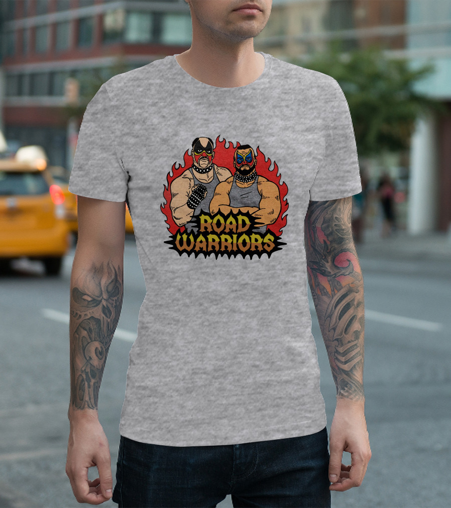 Road Warriors Homage Merch Wrestlers in Flame Background T-Shirt