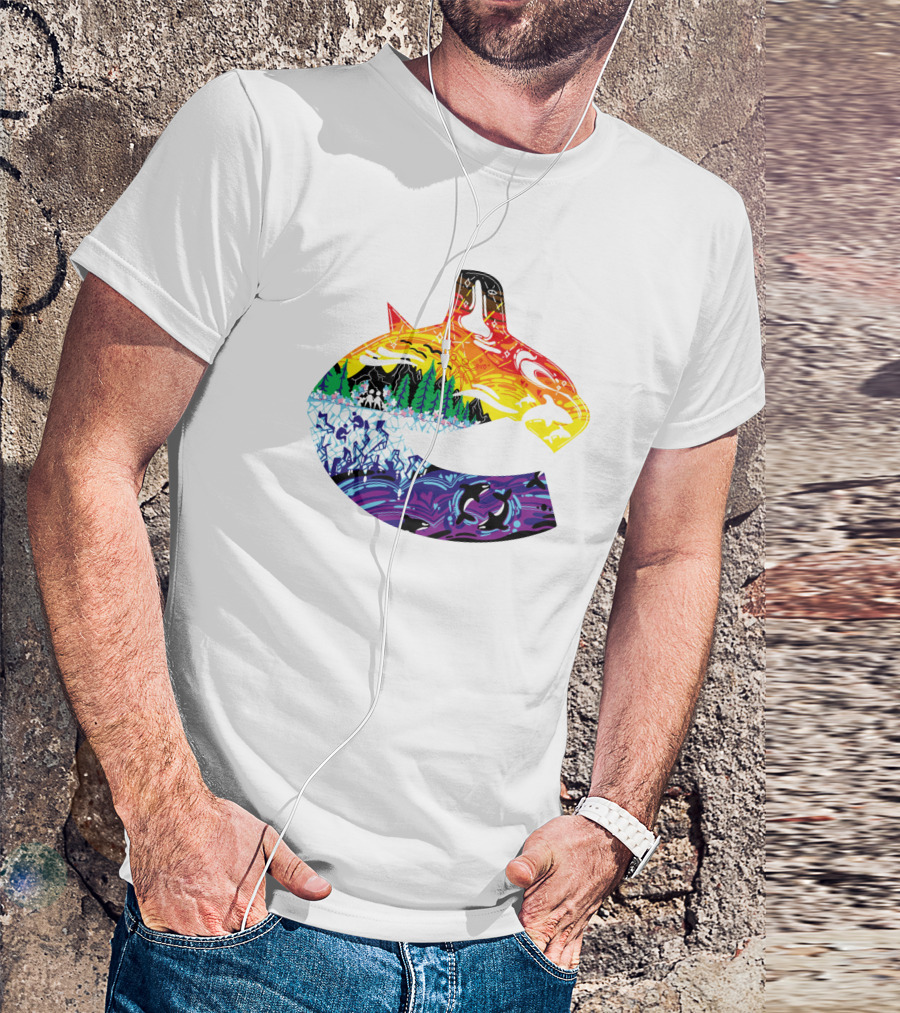 Vanbase Merch Vancouver Canucks Pride Orca Rainbow T-Shirt