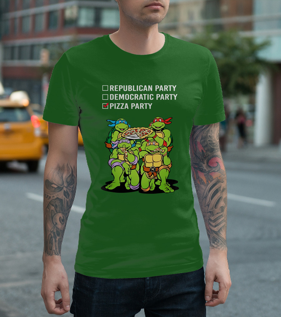 Pizza Party Checkmark with Four Ninja Turtles Carrying Pizza Under Republican Party Democratic Party Options T-Shirt