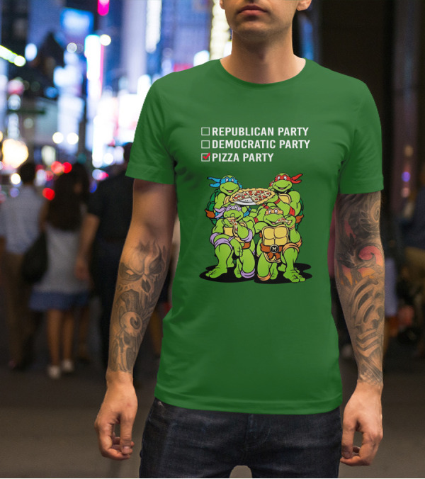 Pizza Party Checkmark With Four Ninja Turtles Carrying Pizza Under Republican Party Democratic Party Options T-Shirt