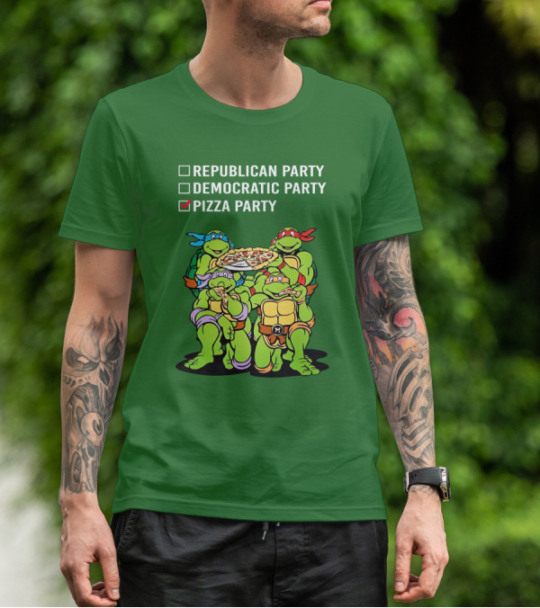 Pizza Party Checkmark With Four Ninja Turtles Carrying Pizza Under Republican Party Democratic Party Options T-Shirt