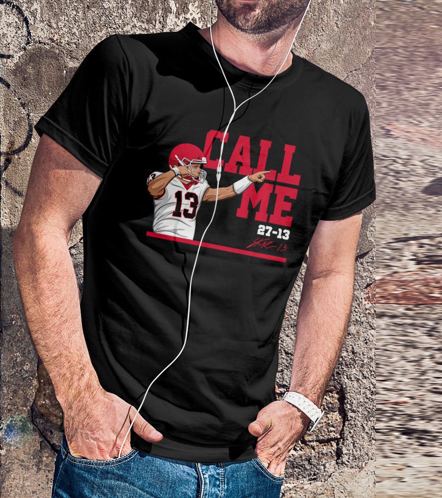 Stetson Bennett X The Players Call Me 13 Red Helmet Pointing 27-13 T-Shirt