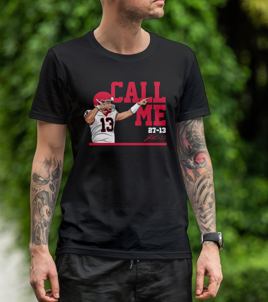 Stetson Bennett X The Players Call Me 13 Red Helmet Pointing 27-13 T-Shirt