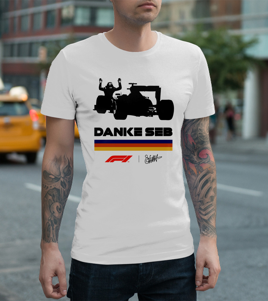 Formula 1 Danke Seb Vettel Silhouette with F1 Logo and Signature T-Shirt