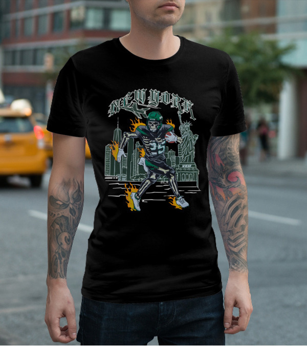 New York Jetpack QB Number 5 New York City Statue Of Liberty Skyline Fire Running T-Shirt