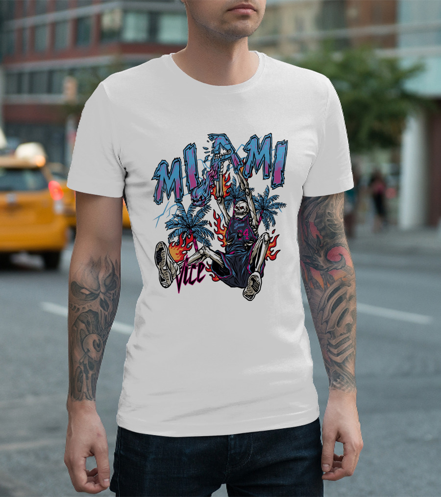 Sana Detroit Vice Miami Basketball Skeleton Dunking with Palm Trees and Flames T-Shirt