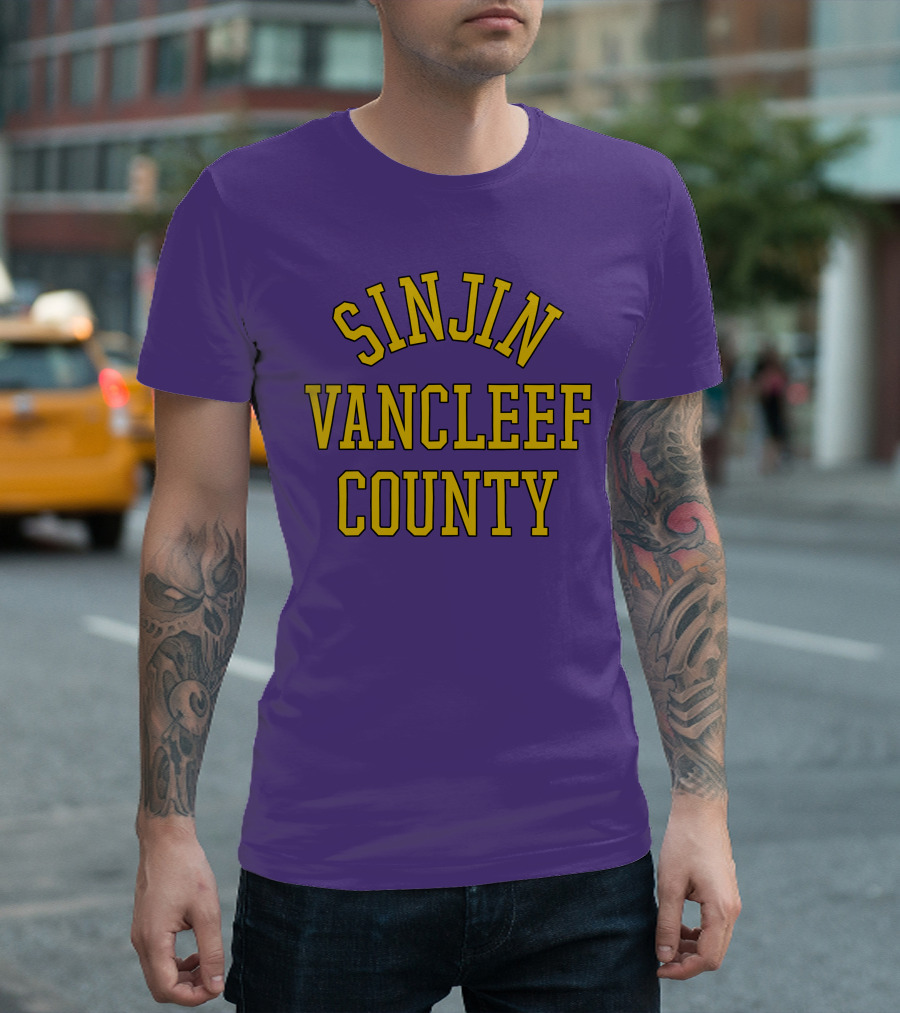 Sinjin Drowning Merch Sinjin Vancleef County Arch Style Purple Gold Lettering T-Shirt