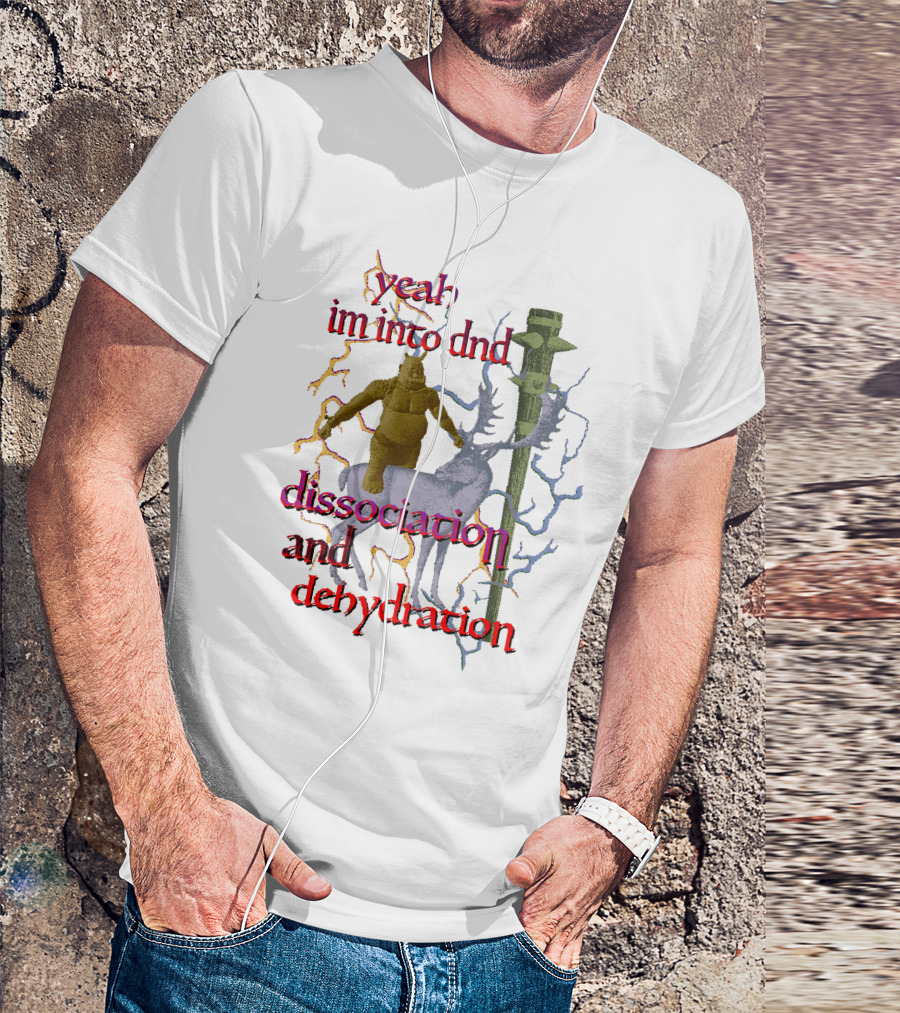 Yeah Im Into Dnd Dissociation And Dehydration Statue Riding Reindeer With Caduceus Staff And Lightning Background T-Shirt