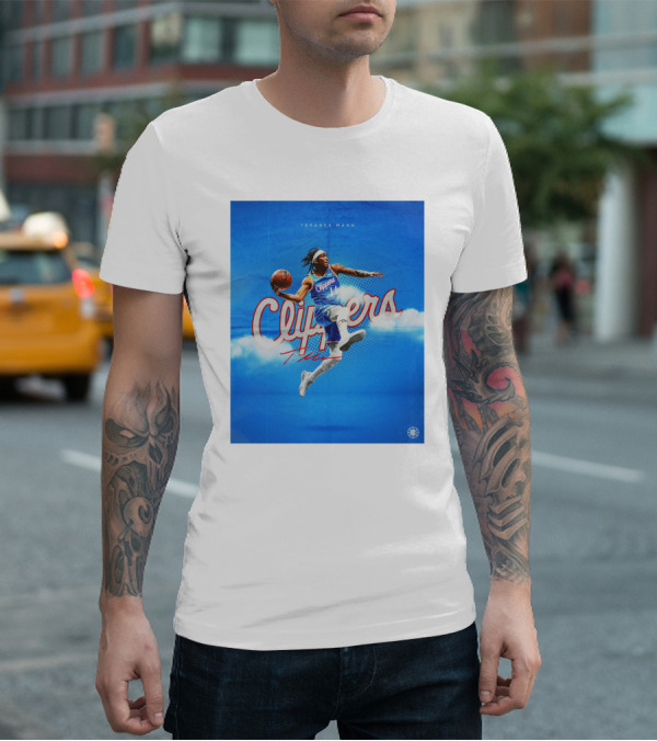 Terance Mann Clippers Basketball Motion Dribble Blue Clouds T-Shirt