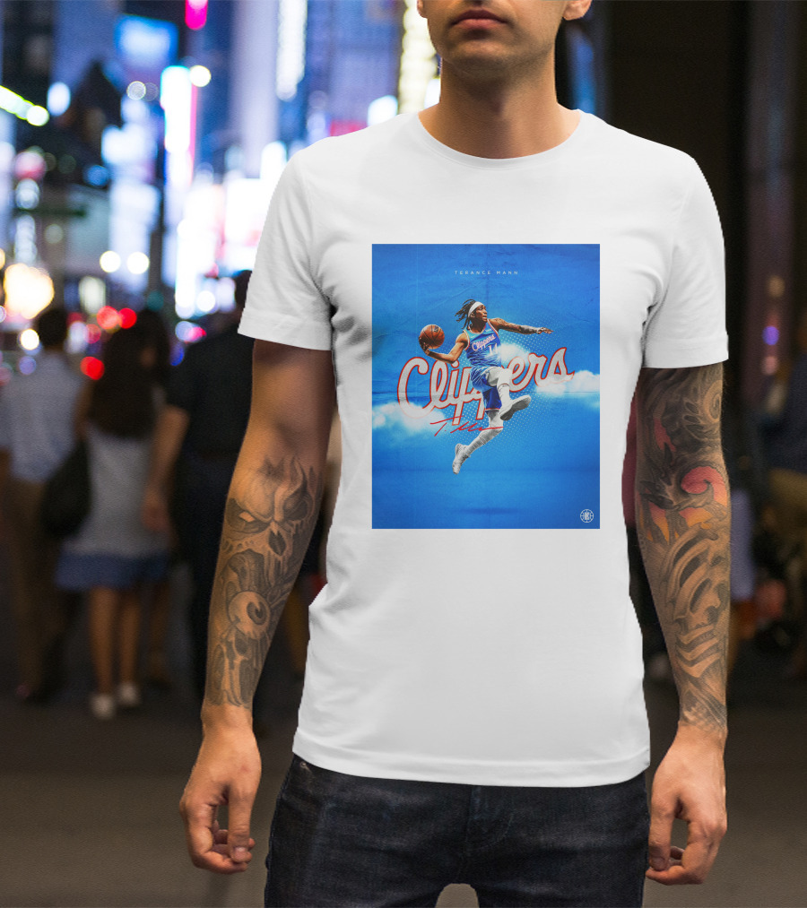 Terance Mann Clippers Basketball Motion Dribble Blue Clouds T-Shirt