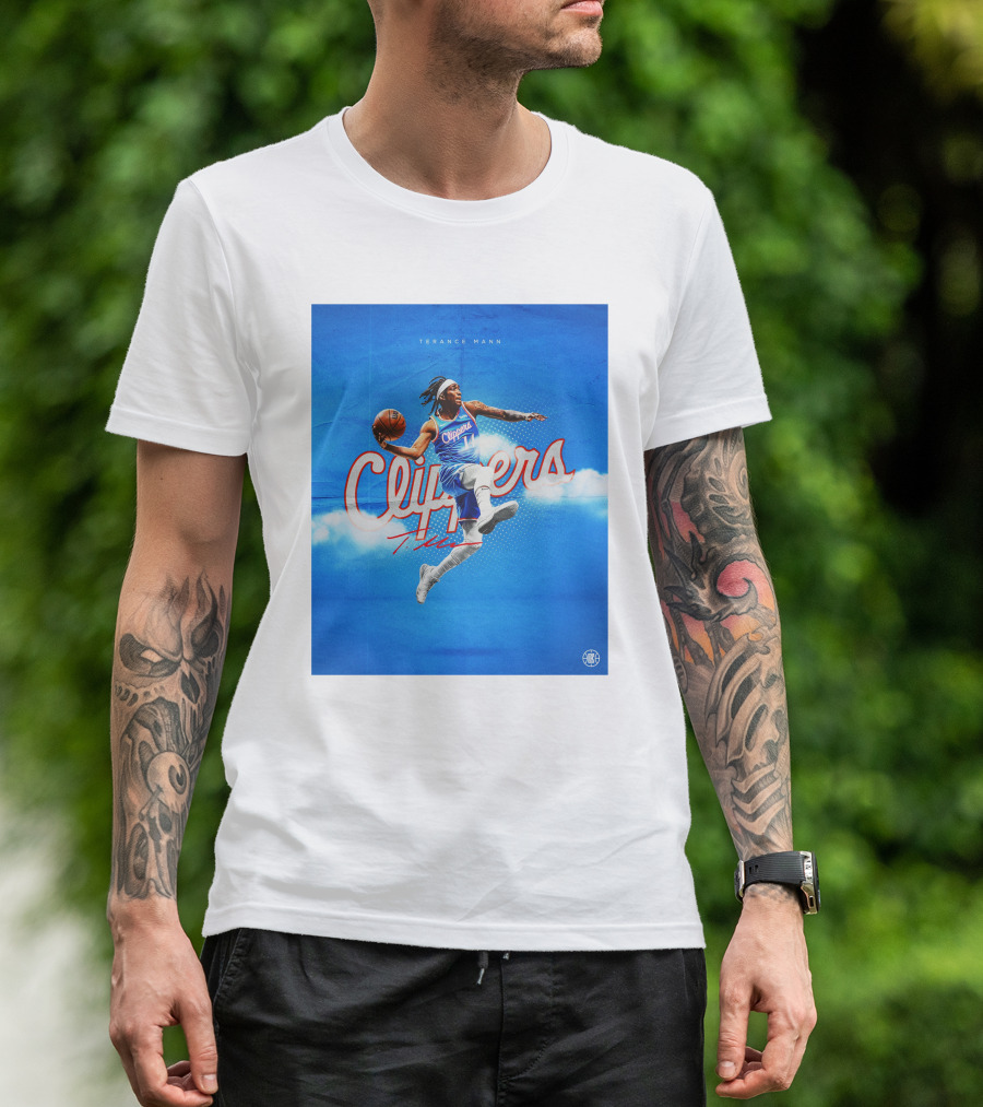 Terance Mann Clippers Basketball Motion Dribble Blue Clouds T-Shirt