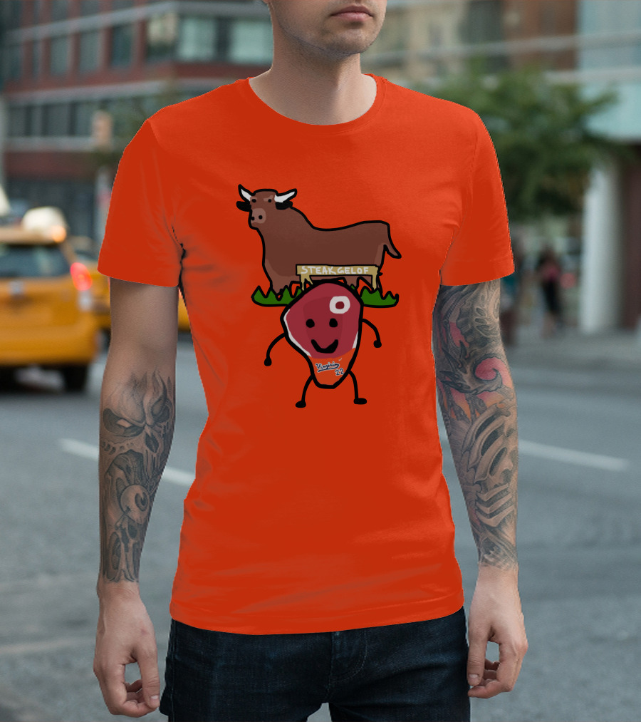 Steak Gelof Virginia 22 Cartoon Bull and Smiling Meat Character on Red T-Shirt