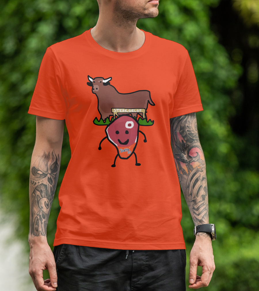 Steak Gelof Virginia 22 Cartoon Bull And Smiling Meat Character On Red T-Shirt