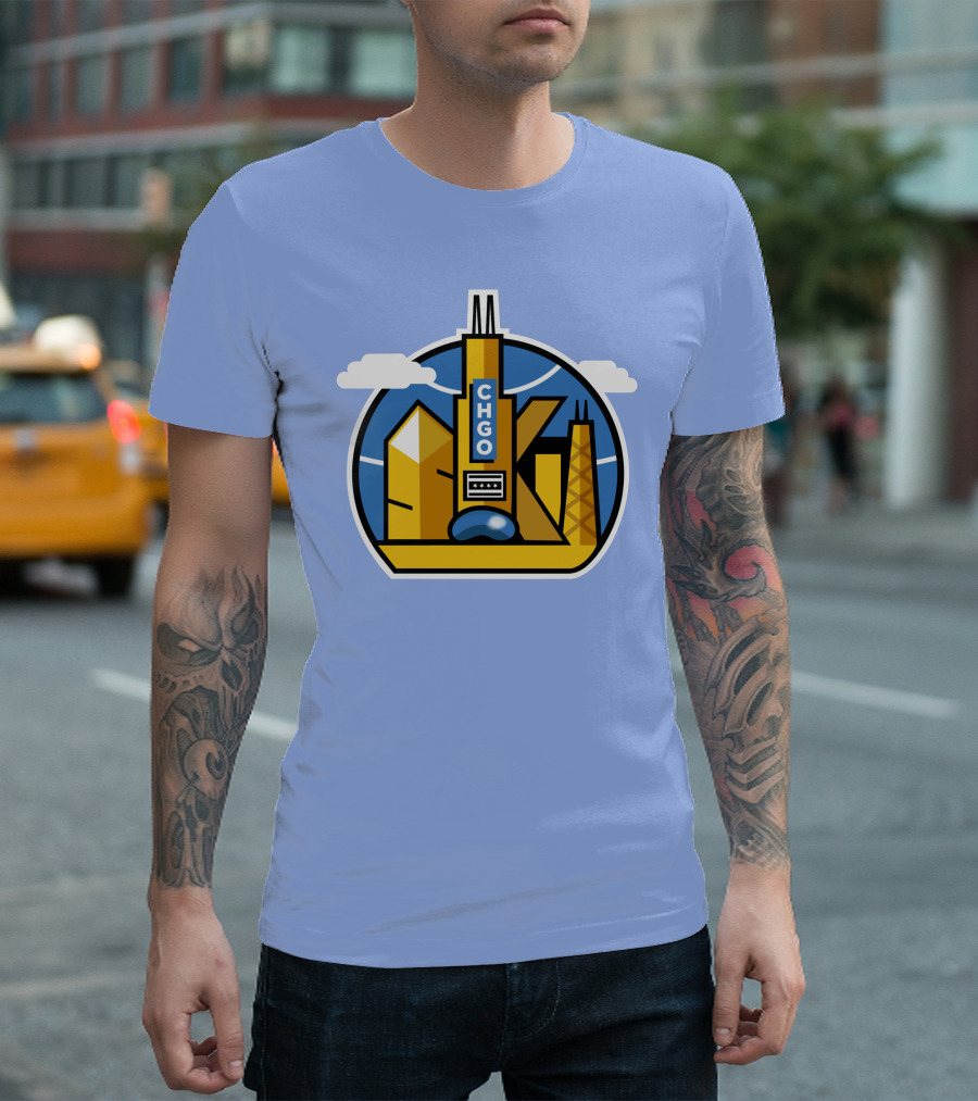 CHGO Skyline Blue Skies Sports Icon with Landmarks T-Shirt