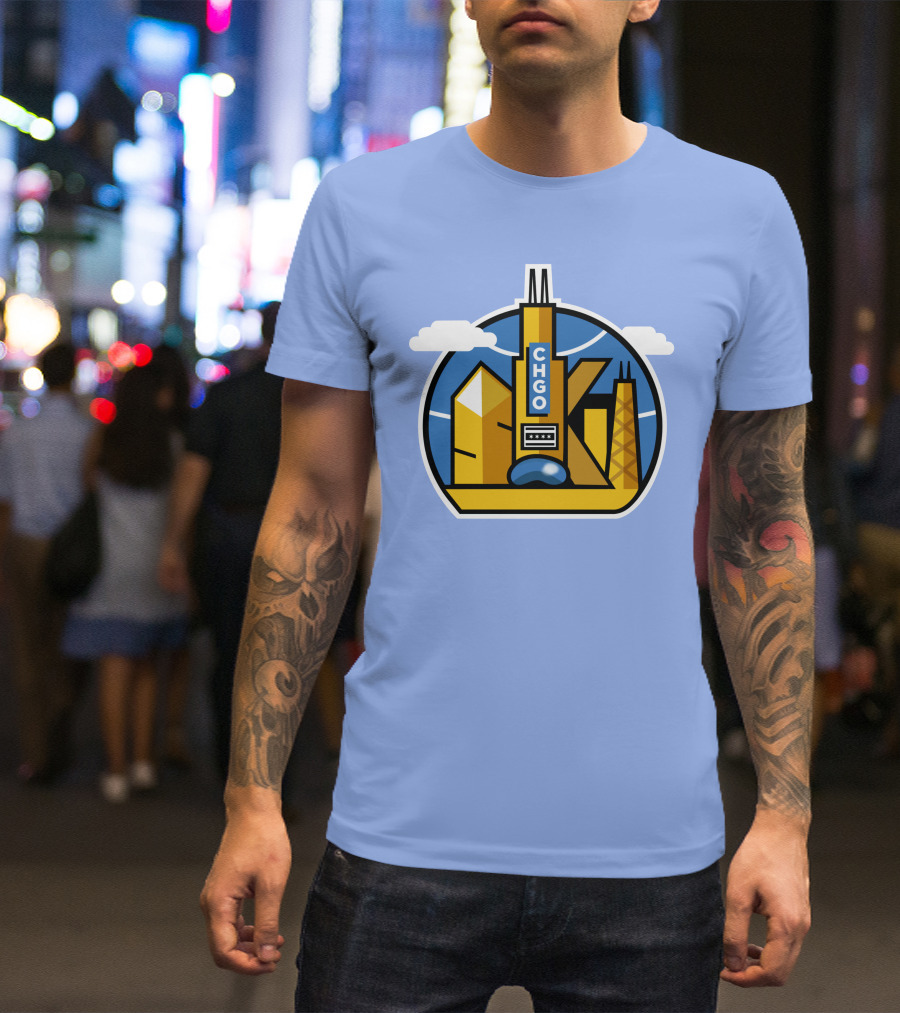 CHGO Skyline Blue Skies Sports Icon With Landmarks T-Shirt