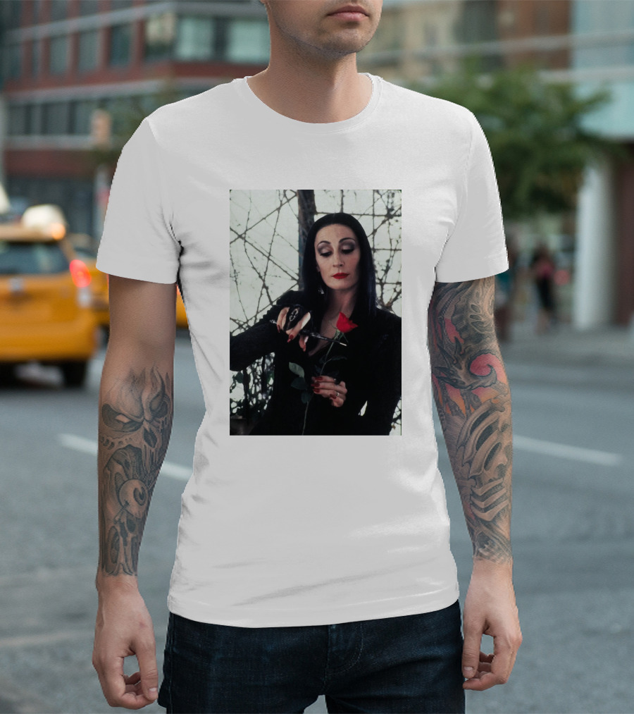 Morticia Addams Anjelica Huston Cutting Rose Scene T-Shirt