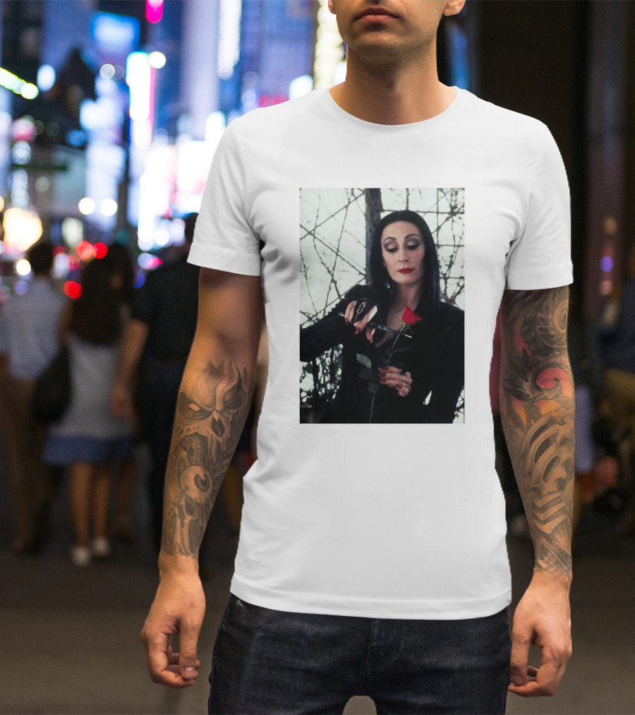 Morticia Addams Anjelica Huston Cutting Rose Scene T-Shirt