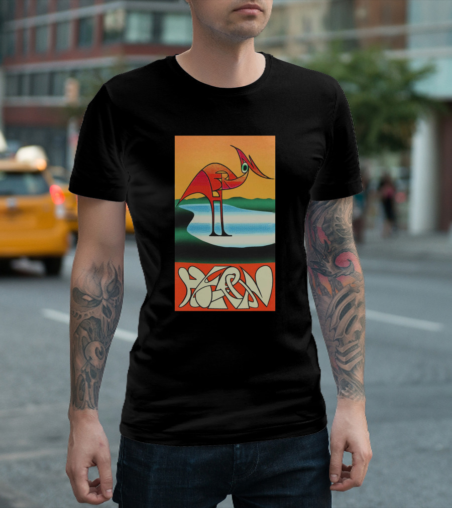 Heron Preston Abstract Bold Graphic Stork Art Orange Teal Lake T-Shirt