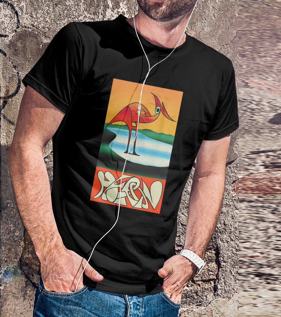 Heron Preston Abstract Bold Graphic Stork Art Orange Teal Lake T-Shirt