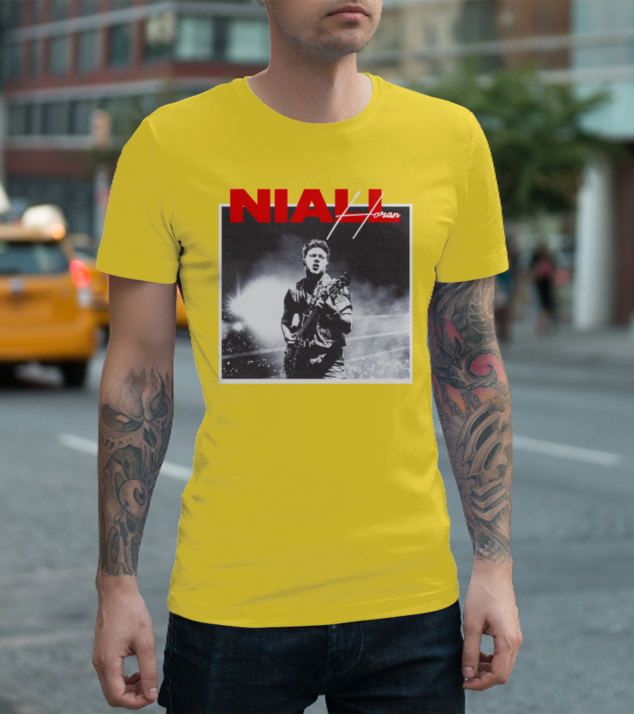 Niall Horan Live Performance Black and White Stage Photo with Red Name Highlight T-Shirt