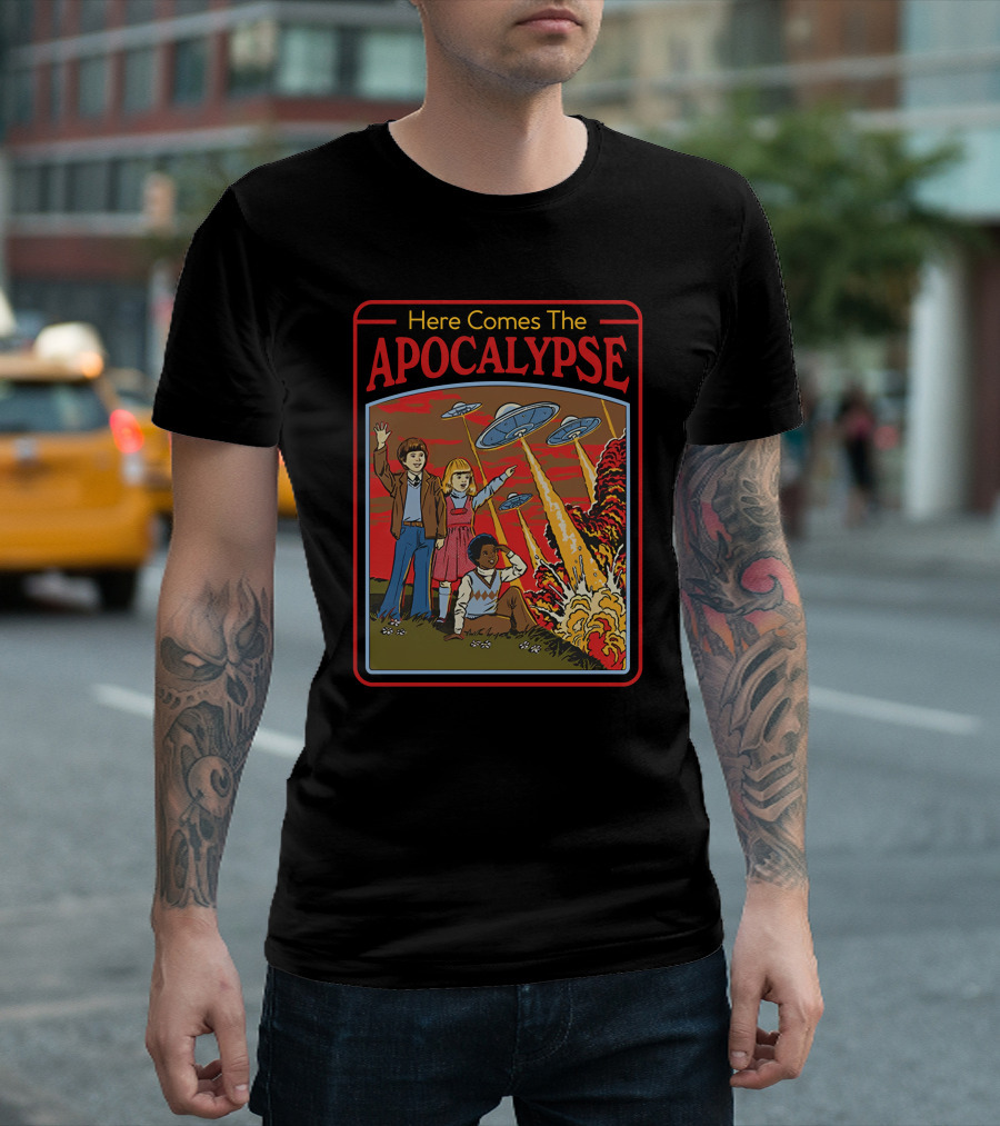 Here Comes The Apocalypse UFO Invasion with Kids and Explosions T-Shirt