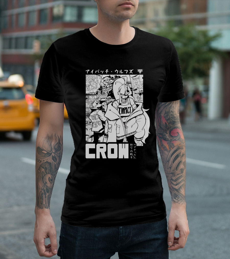 CROW Impact Eyepatch Wolf Wrestle Comics Bad Boy Anger Warrior Japan Text T-Shirt