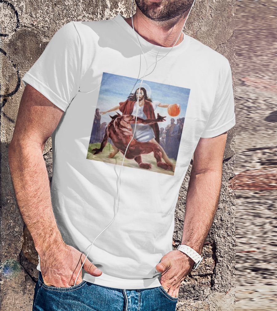 Jesus Dribbling Basketball Past Demon With Onlookers T-Shirt