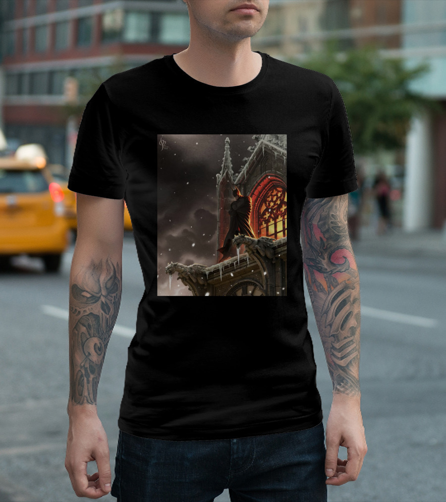 A Knight In The Frost Gothic Cathedral Snowfall Scene T-Shirt