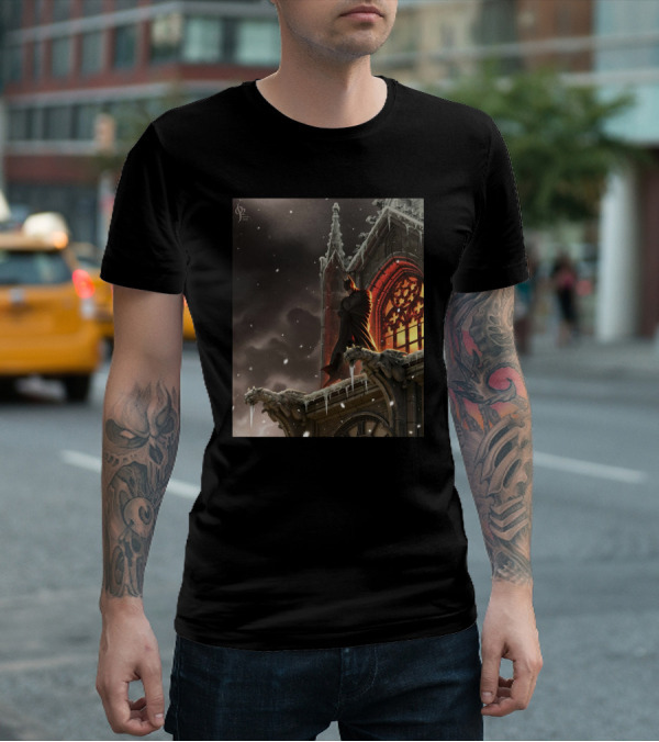 A Knight In The Frost Gothic Cathedral Snowfall Scene T-Shirt