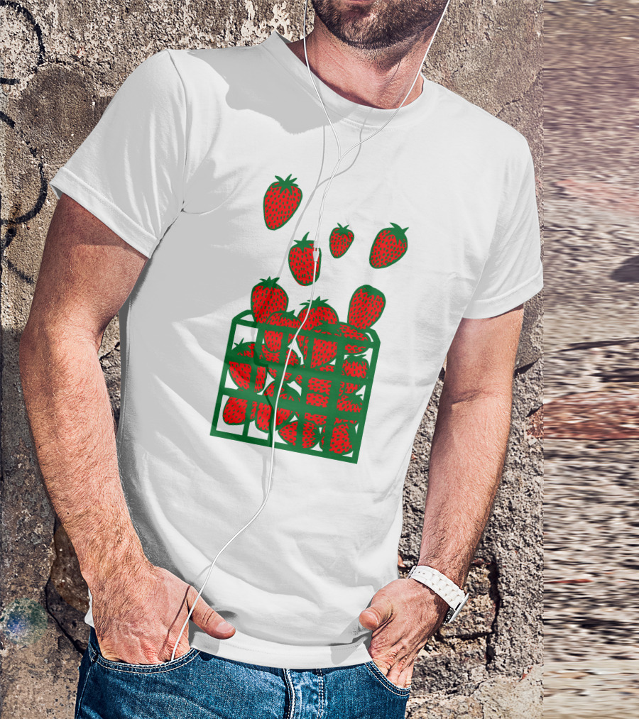 Strawberry Basket With Falling Strawberries Screen Print T-Shirt